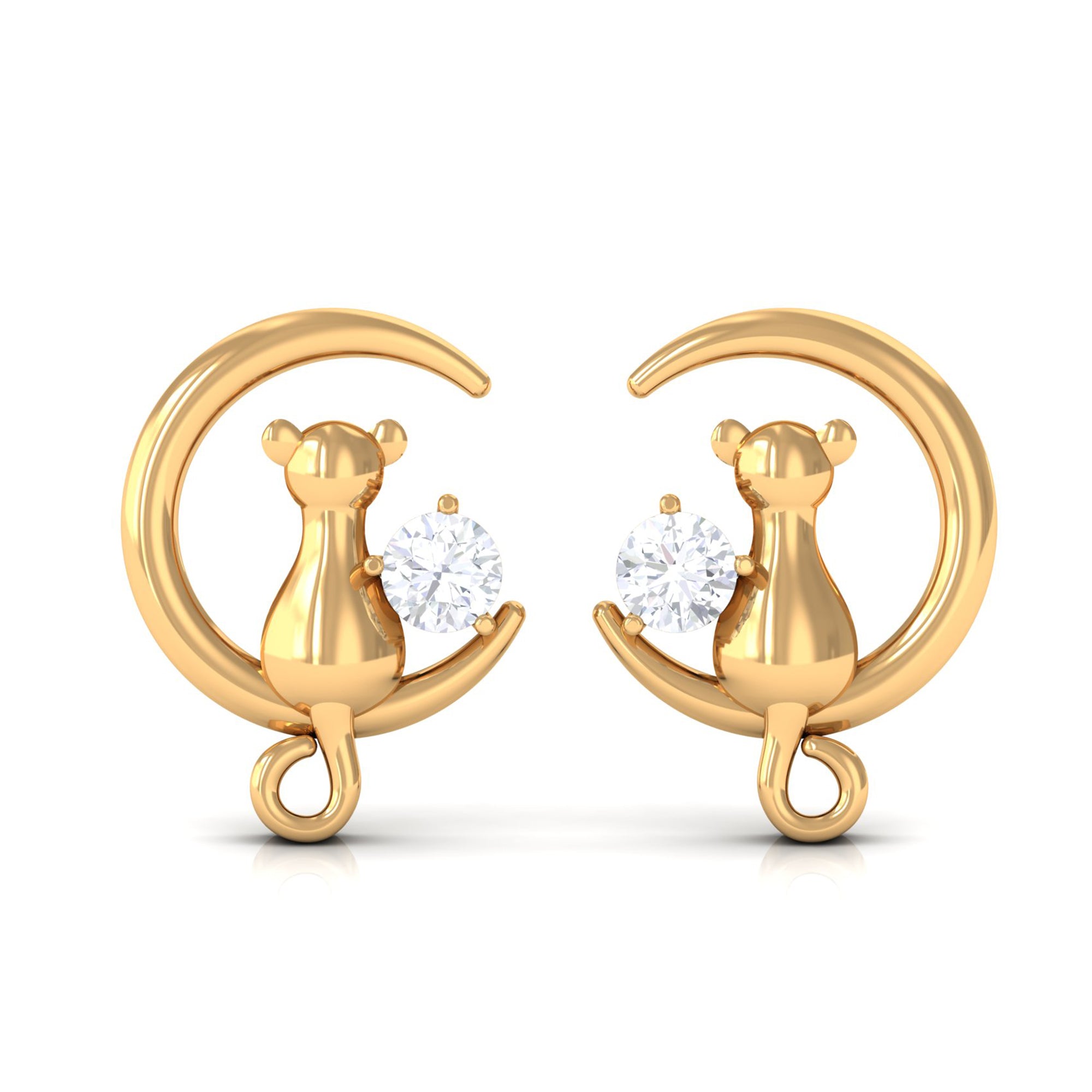 Round Moissanite Cat and Moon Stud Earrings in Gold Moissanite - ( D-VS1 ) - Color and Clarity - Rosec Jewels