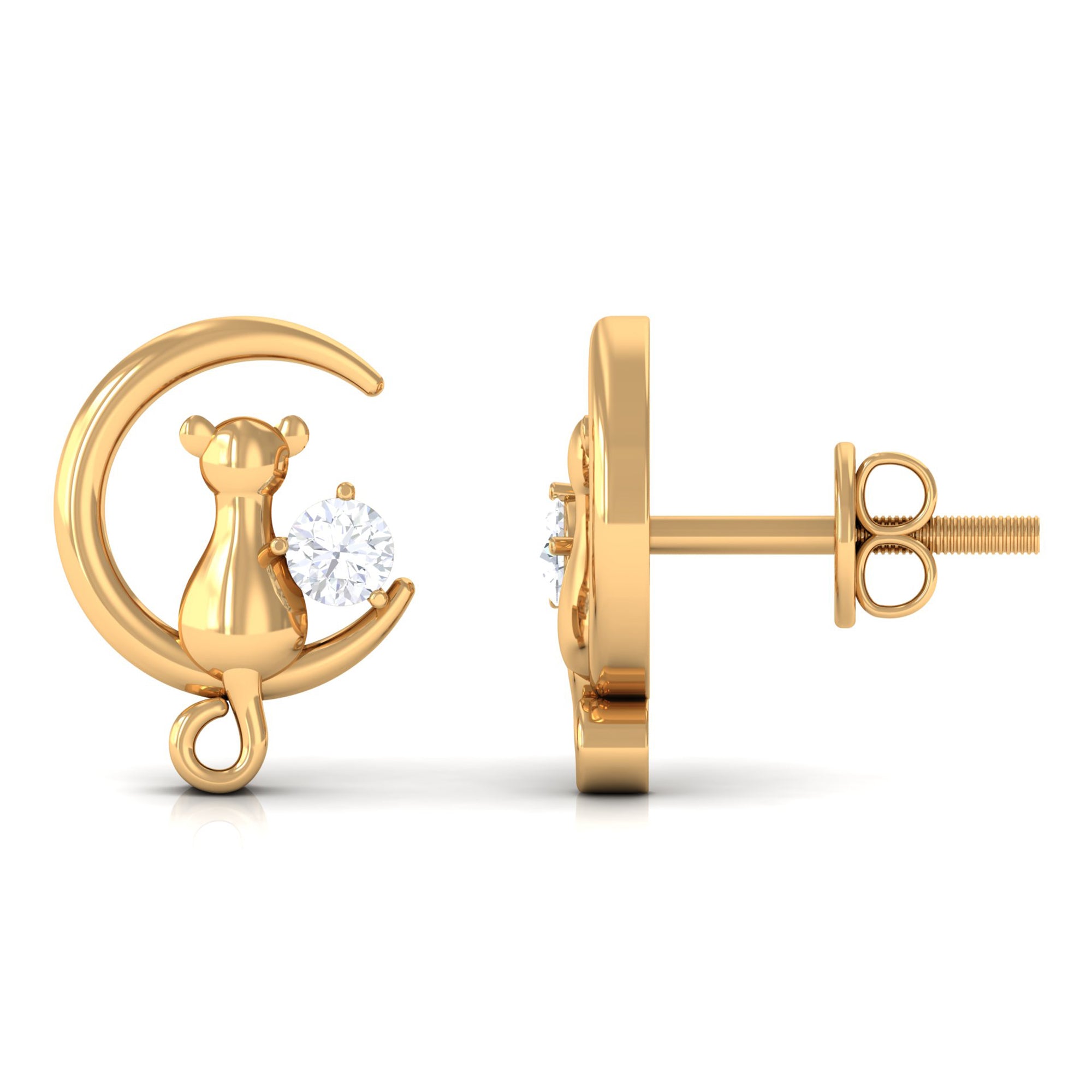 Round Moissanite Cat and Moon Stud Earrings in Gold Moissanite - ( D-VS1 ) - Color and Clarity - Rosec Jewels