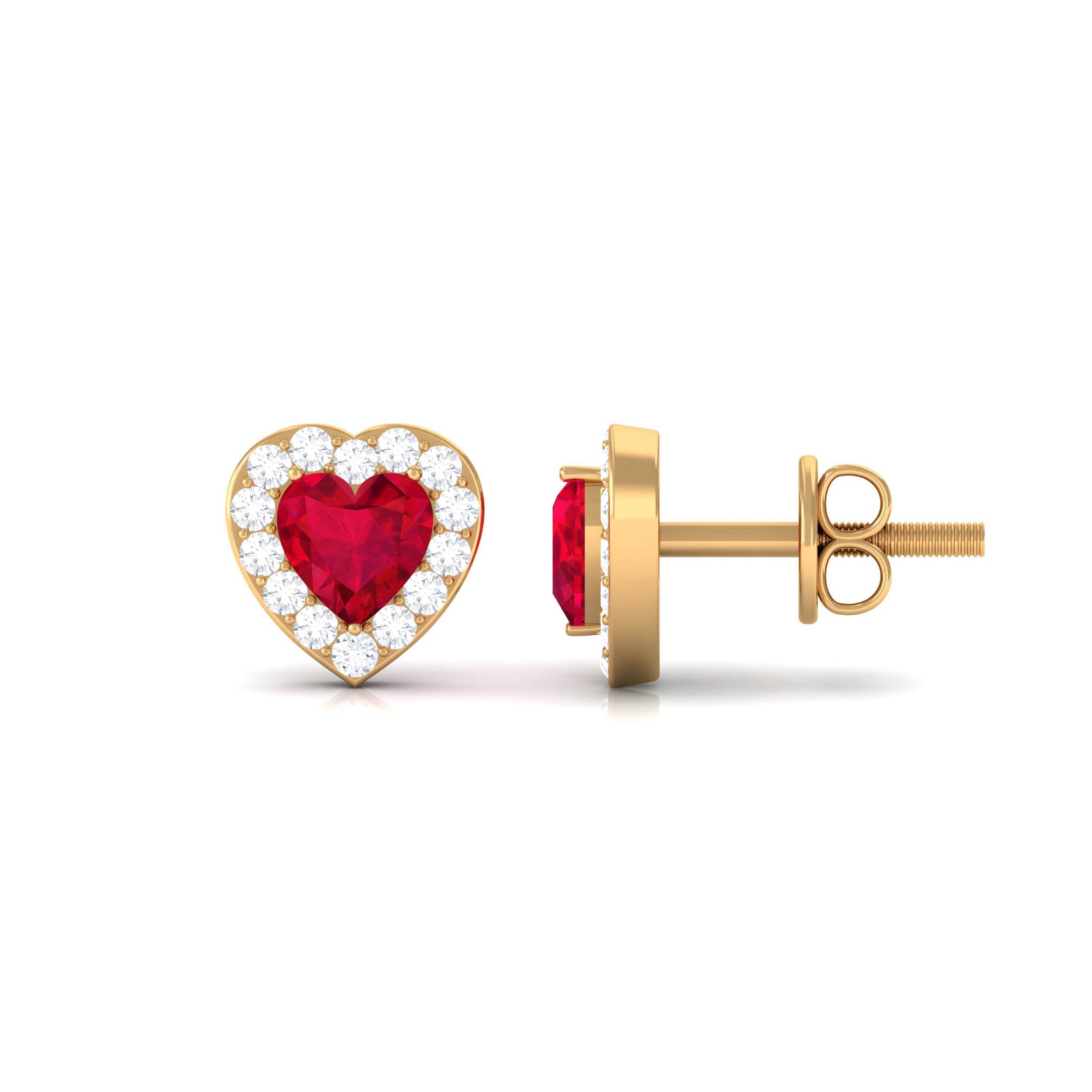 Heart Shape Lab Grown Ruby Halo Stud Earrings with Diamond Lab Created Ruby - ( AAAA ) - Quality - Rosec Jewels