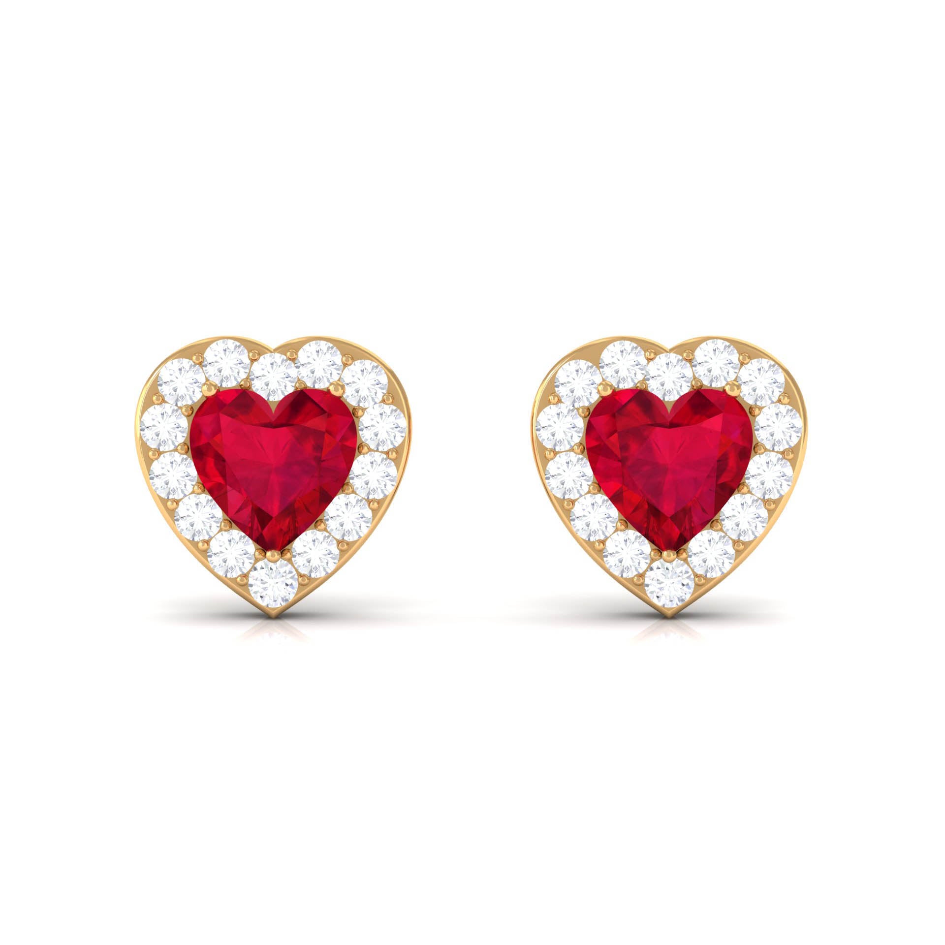 Heart Shape Lab Grown Ruby Halo Stud Earrings with Diamond Lab Created Ruby - ( AAAA ) - Quality - Rosec Jewels