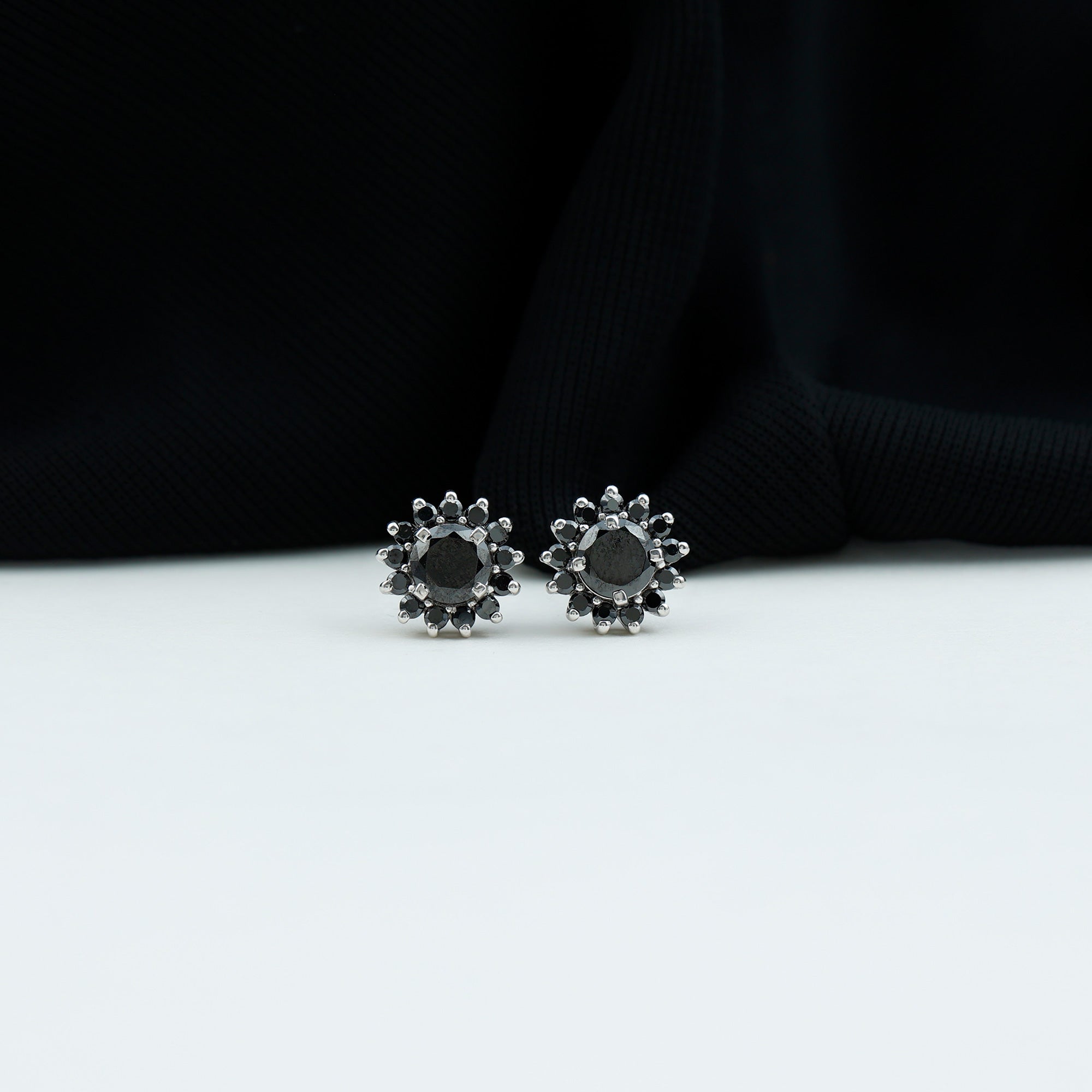 2.25 CT Lab Created Black Diamond Silver Flower Stud Earrings in Prong Setting Lab Created Black Diamond - ( AAAA ) - Quality 92.5 Sterling Silver - Rosec Jewels