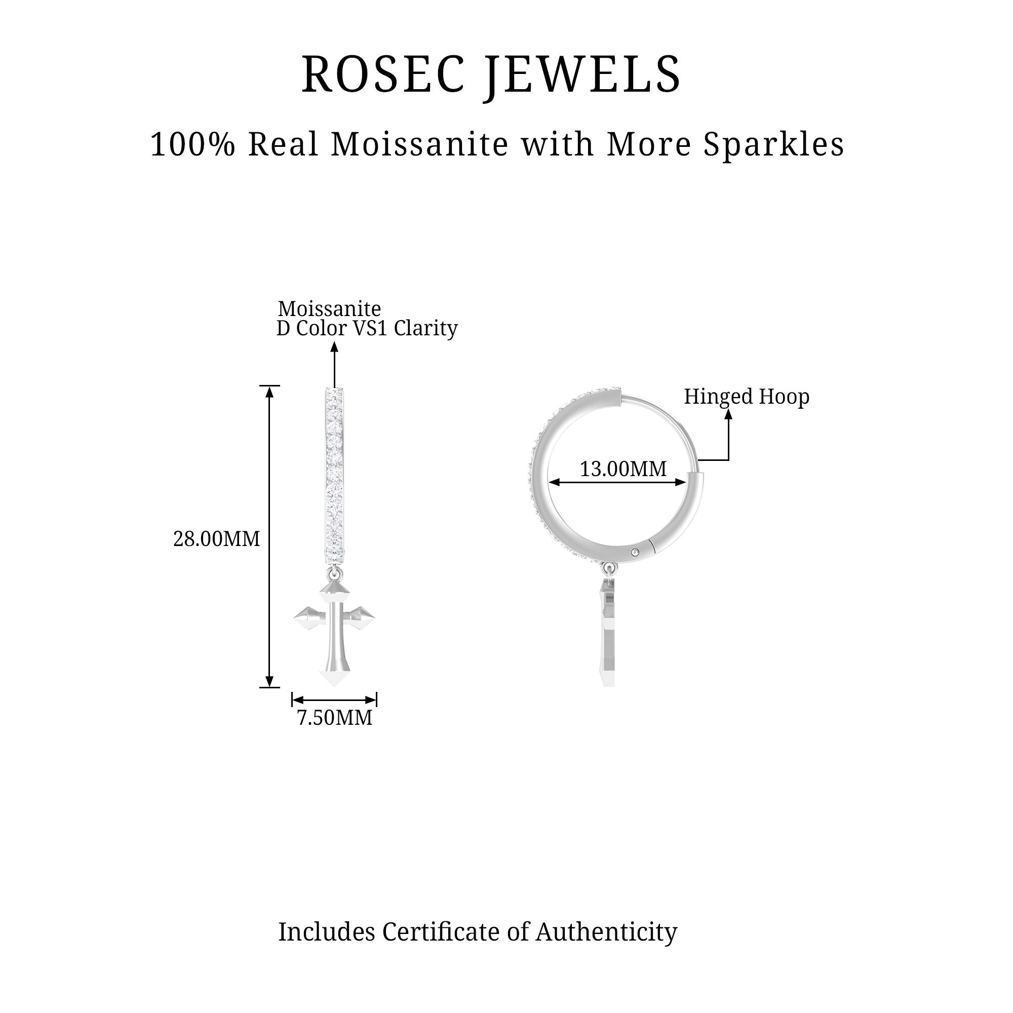 Certified Moissanite Gold Cross Hoop Drop Earrings Moissanite - ( D-VS1 ) - Color and Clarity - Rosec Jewels