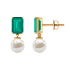 Octagon Cut Created Emerald and Freshwater Pearl Drop Earrings Freshwater Pearl - ( AAA ) - Quality - Rosec Jewels