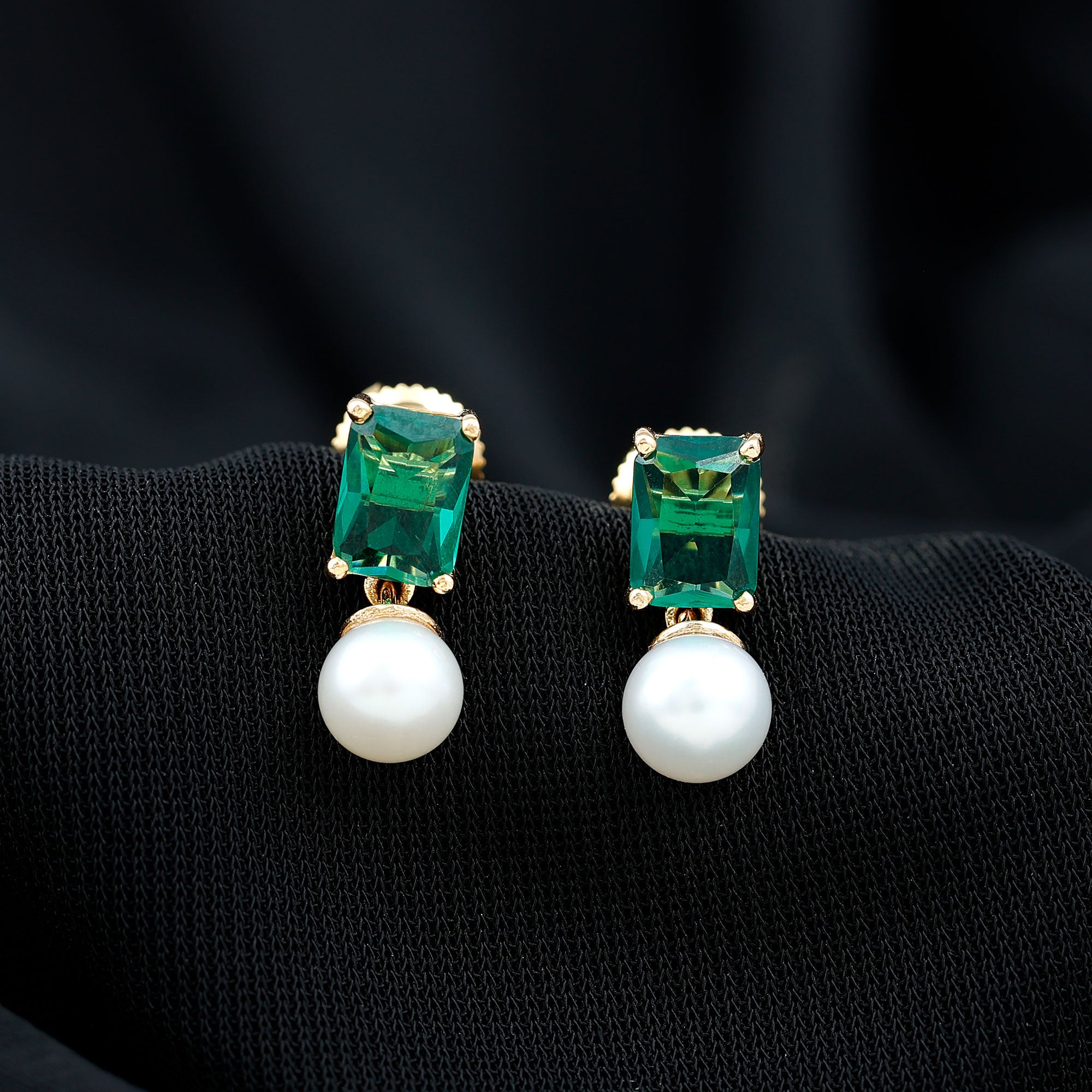 Octagon Cut Created Emerald and Freshwater Pearl Drop Earrings Freshwater Pearl - ( AAA ) - Quality - Rosec Jewels