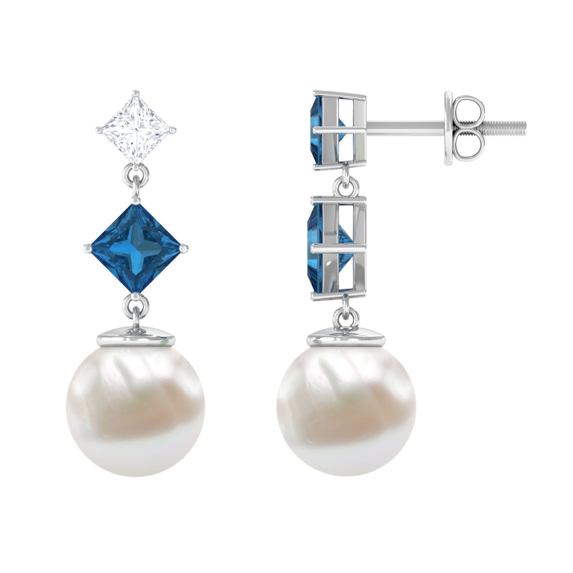 16.5 CT Freshwater Pearl and London Blue Topaz Dangle Drop Earrings with Moissanite Freshwater Pearl - ( AAA ) - Quality - Rosec Jewels