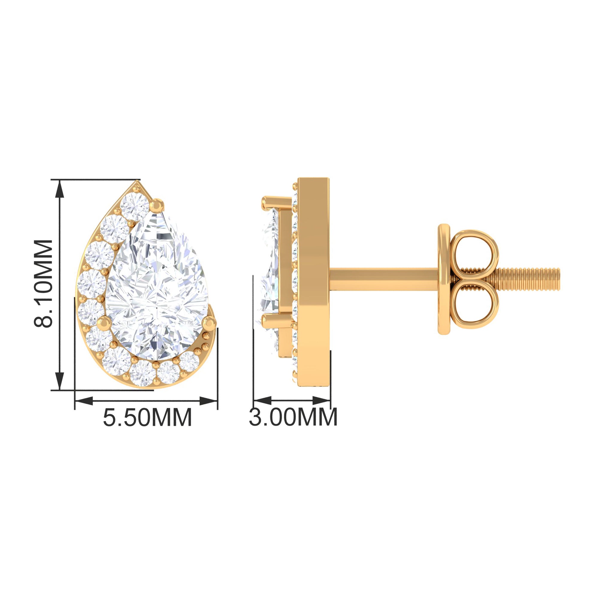 Cubic Zirconia Teardrop Stud Earrings with Screw Back Zircon - ( AAAA ) - Quality - Rosec Jewels