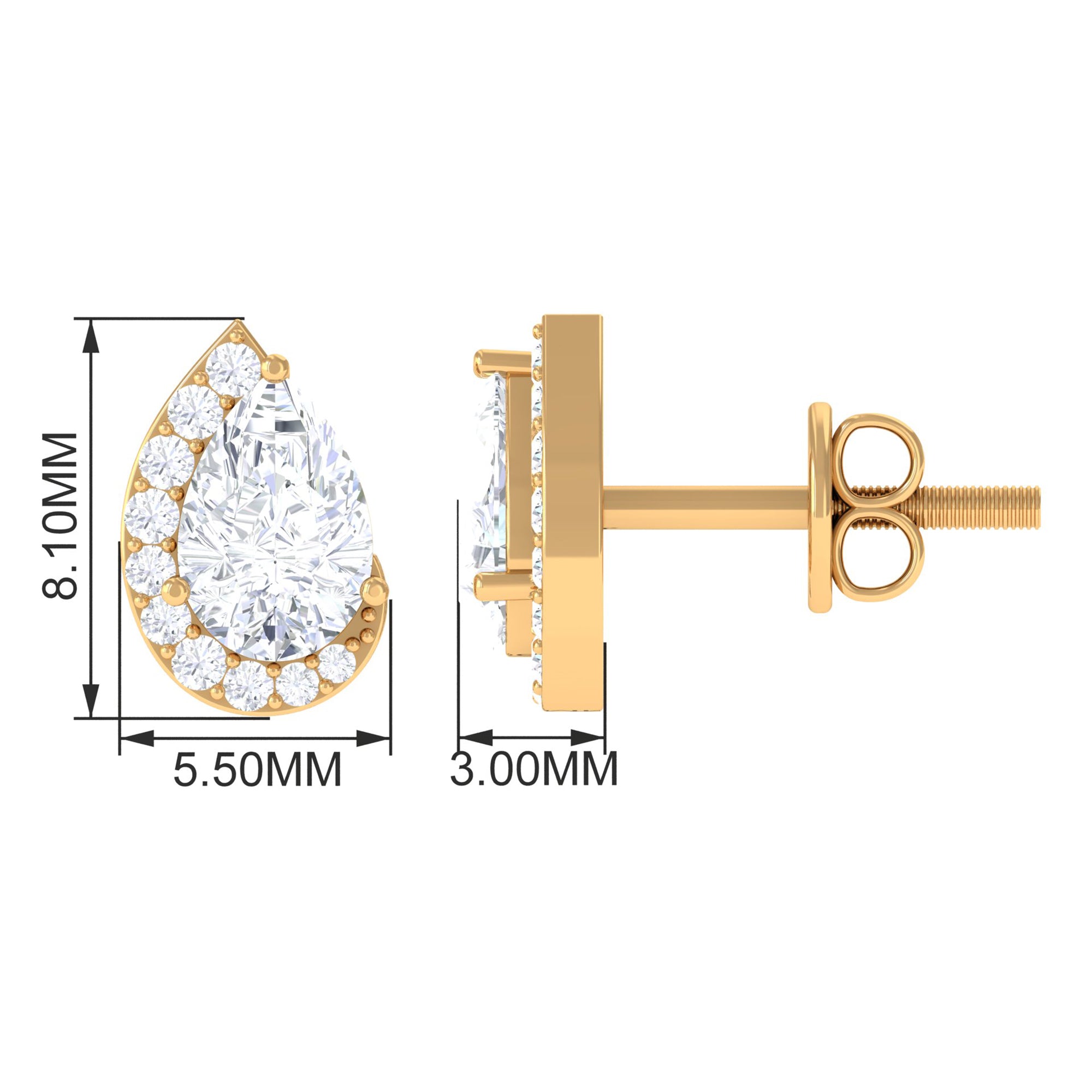 Cubic Zirconia Teardrop Stud Earrings with Screw Back Zircon - ( AAAA ) - Quality - Rosec Jewels