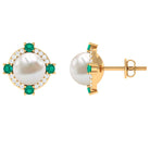 6.50 CT Freshwater Pearl Solitaire Studs with Emerald and Moissanite Halo Freshwater Pearl - ( AAA ) - Quality - Rosec Jewels