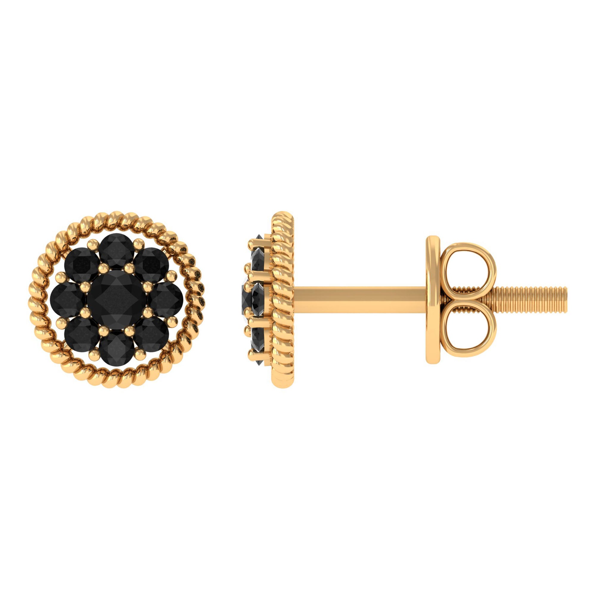 Twisted Rope Stud Earrings with Floral Black Spinel Black Spinel - ( AAA ) - Quality - Rosec Jewels