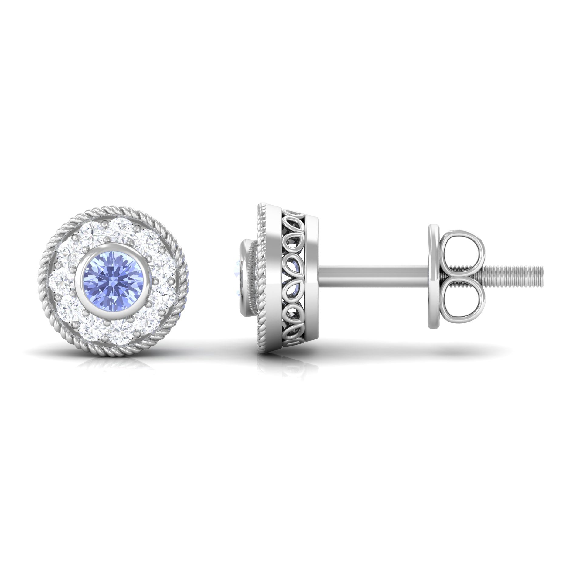 Antique Style Tanzanite and Diamond Halo Stud Earrings Tanzanite - ( AAA ) - Quality - Rosec Jewels