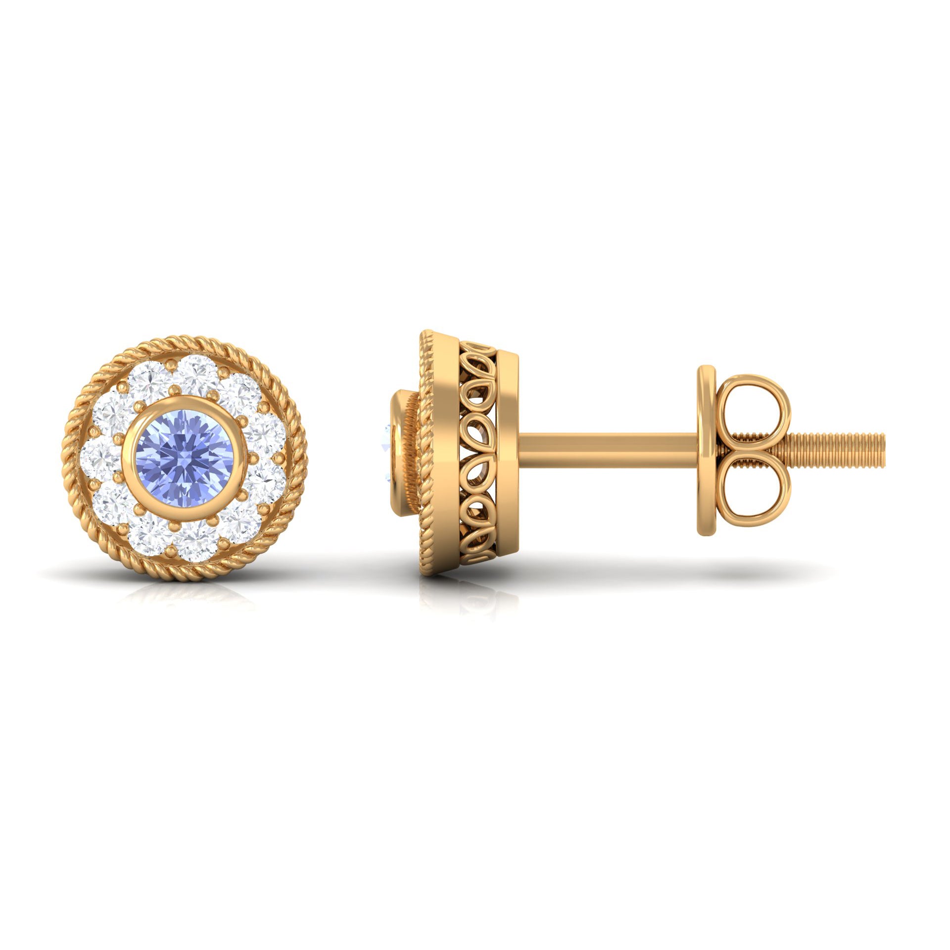 Antique Style Tanzanite and Diamond Halo Stud Earrings Tanzanite - ( AAA ) - Quality - Rosec Jewels