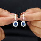 Oval Created Blue Sapphire J Hoop Earrings with Moissanite Halo Lab Created Blue Sapphire - ( AAAA ) - Quality - Rosec Jewels