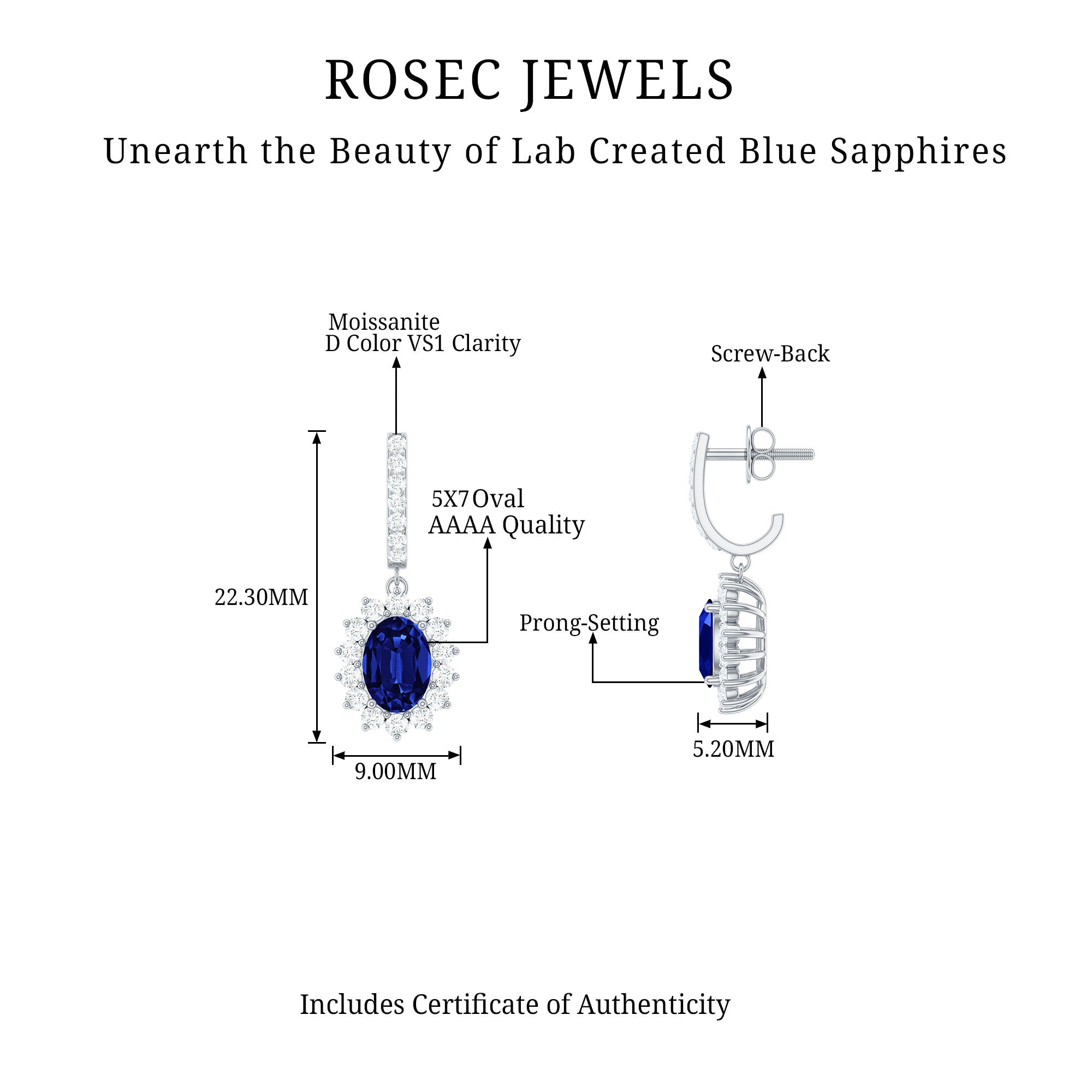 Oval Created Blue Sapphire J Hoop Earrings with Moissanite Halo Lab Created Blue Sapphire - ( AAAA ) - Quality - Rosec Jewels