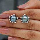 Tahitian Pearl and Diamond Flower Stud Earrings Tahitian pearl - ( AAA ) - Quality - Rosec Jewels