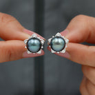 Tahitian Pearl and Diamond Flower Stud Earrings Tahitian pearl - ( AAA ) - Quality - Rosec Jewels