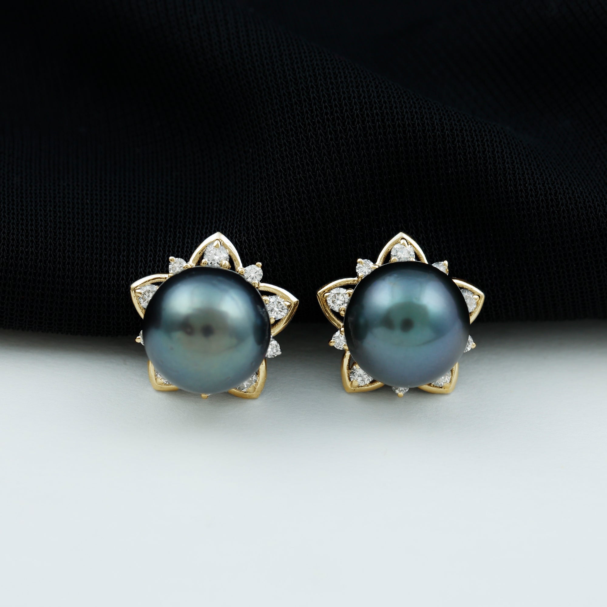 Tahitian Pearl and Diamond Flower Stud Earrings Tahitian pearl - ( AAA ) - Quality - Rosec Jewels