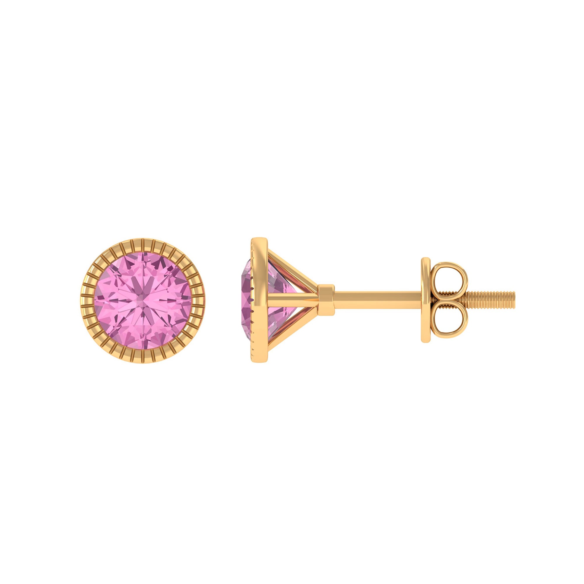 Engraved Bezel Set Pink Tourmaline Gold Solitaire Stud Earring Pink Tourmaline - ( AAA ) - Quality - Rosec Jewels