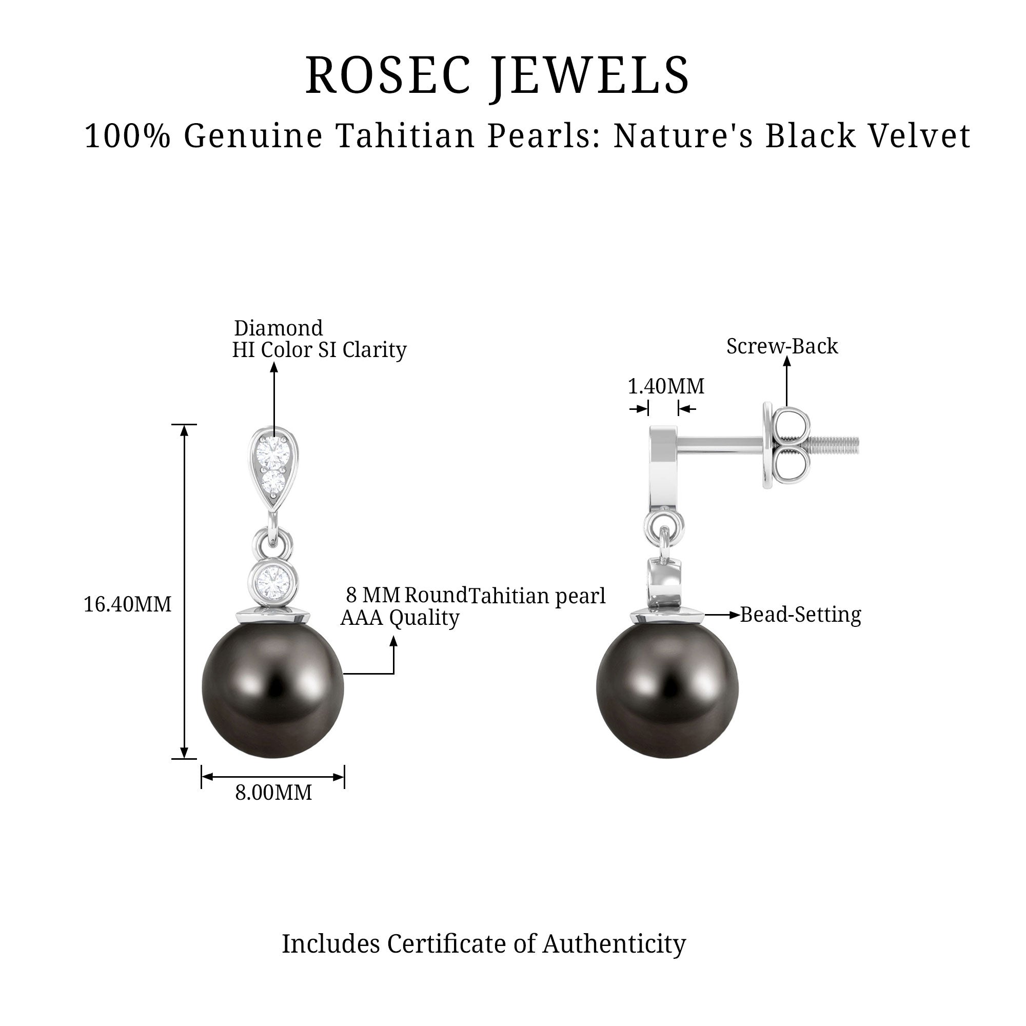 7 MM Tahitian Pearl Drop Earring with Diamond Tahitian pearl - ( AAA ) - Quality - Rosec Jewels