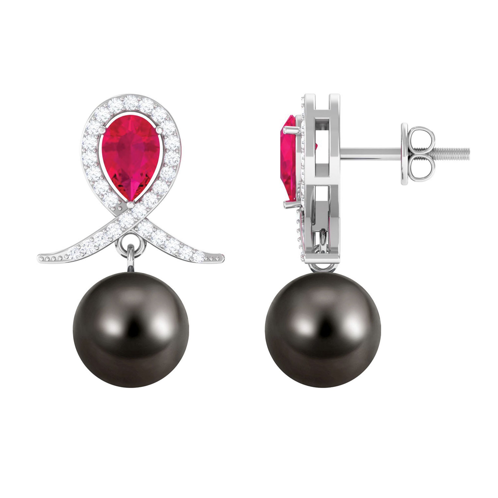 Ruby and Moissanite Teardrop Earrings with Tahitian Pearl Drop Ruby - ( AAA ) - Quality - Rosec Jewels