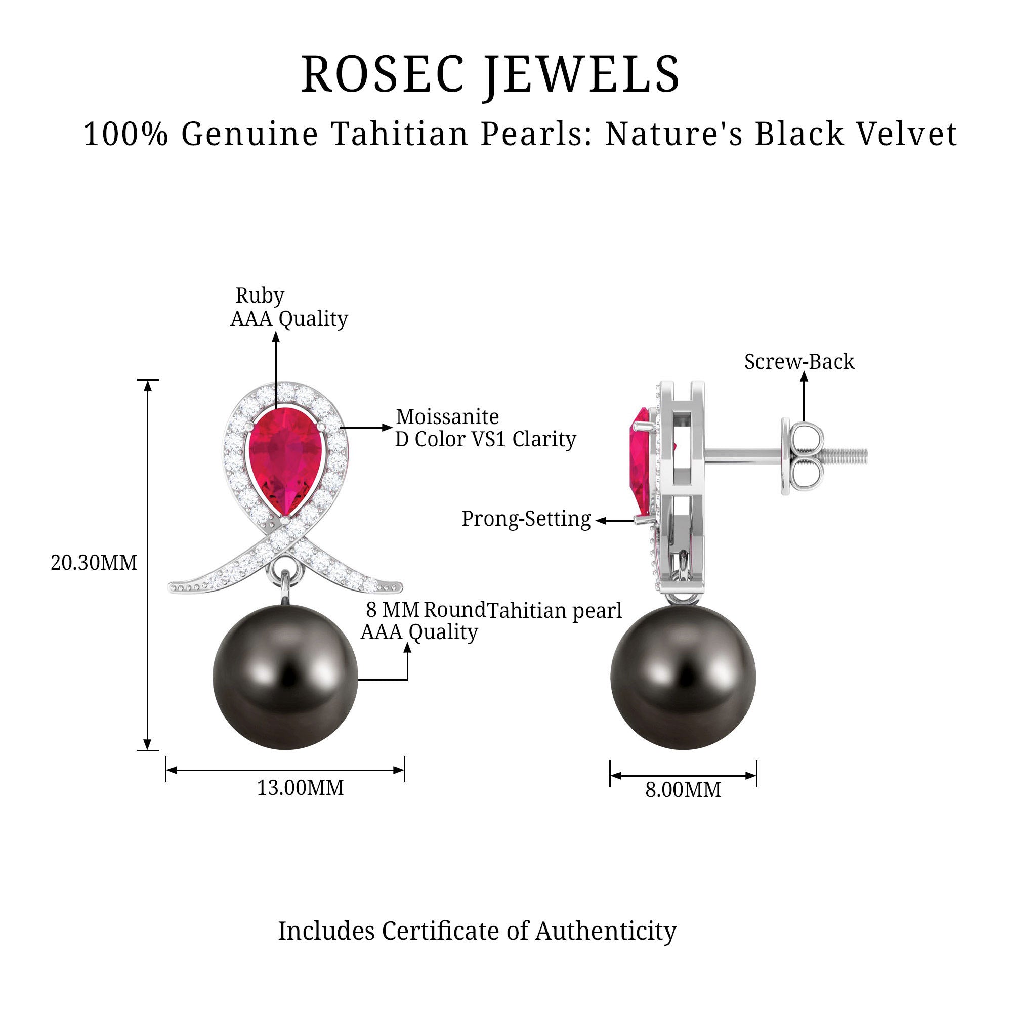 Ruby and Moissanite Teardrop Earrings with Tahitian Pearl Drop Ruby - ( AAA ) - Quality - Rosec Jewels