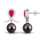 Ruby and Moissanite Teardrop Earrings with Tahitian Pearl Drop Ruby - ( AAA ) - Quality - Rosec Jewels