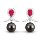 Ruby and Moissanite Teardrop Earrings with Tahitian Pearl Drop Ruby - ( AAA ) - Quality - Rosec Jewels