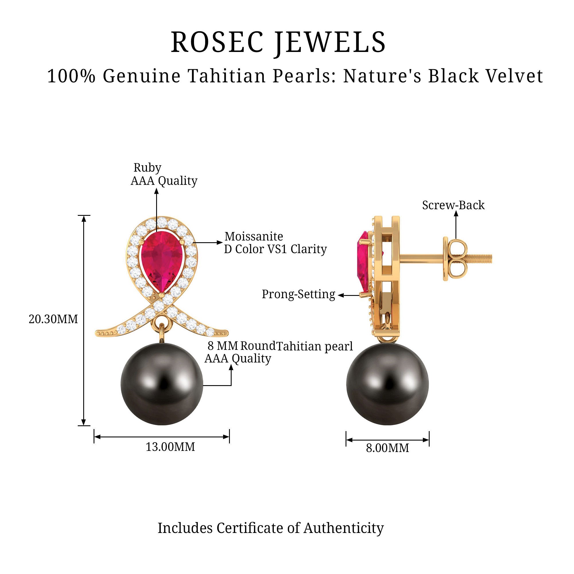 Ruby and Moissanite Teardrop Earrings with Tahitian Pearl Drop Ruby - ( AAA ) - Quality - Rosec Jewels