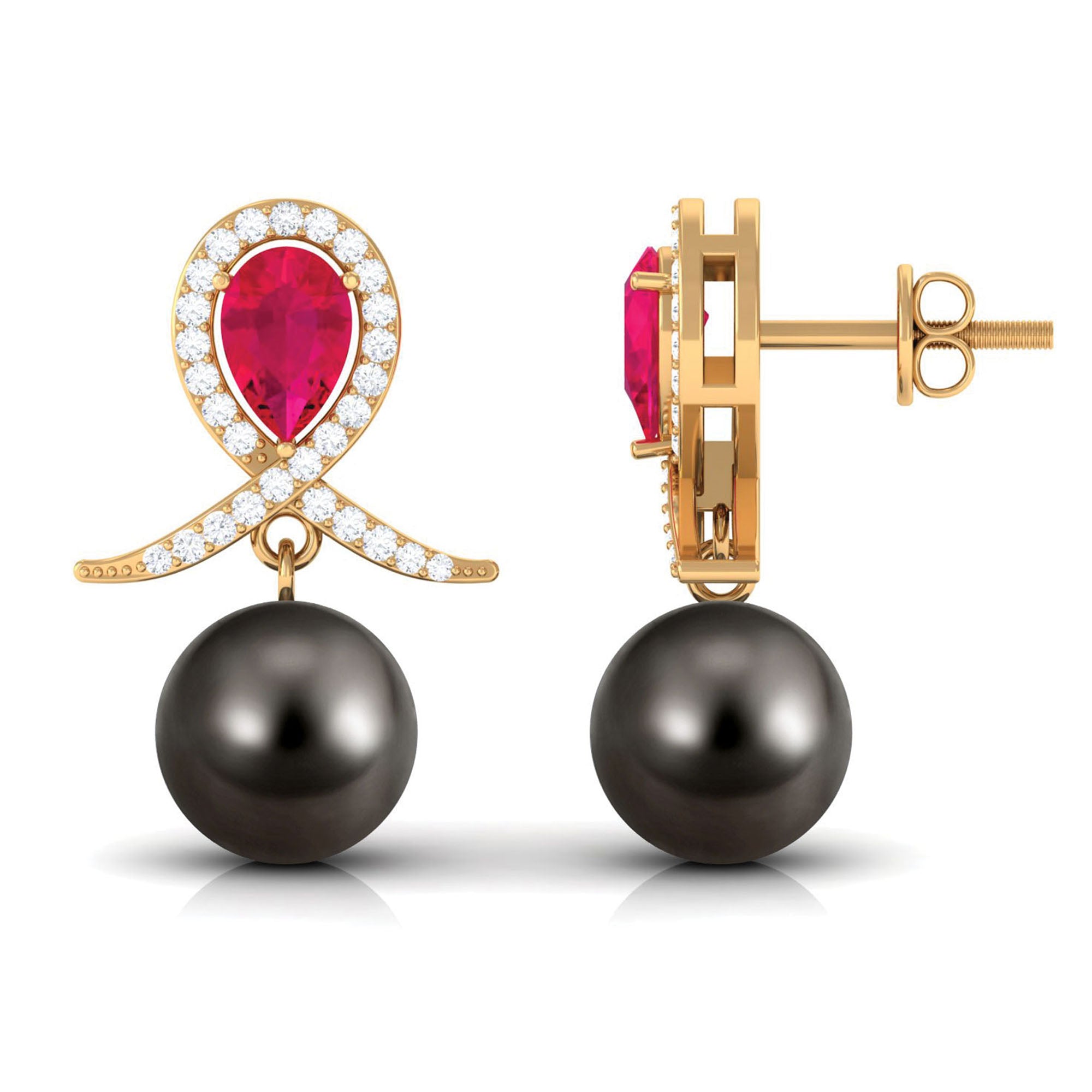 Ruby and Moissanite Teardrop Earrings with Tahitian Pearl Drop Ruby - ( AAA ) - Quality - Rosec Jewels