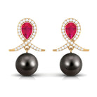 Ruby and Moissanite Teardrop Earrings with Tahitian Pearl Drop Ruby - ( AAA ) - Quality - Rosec Jewels