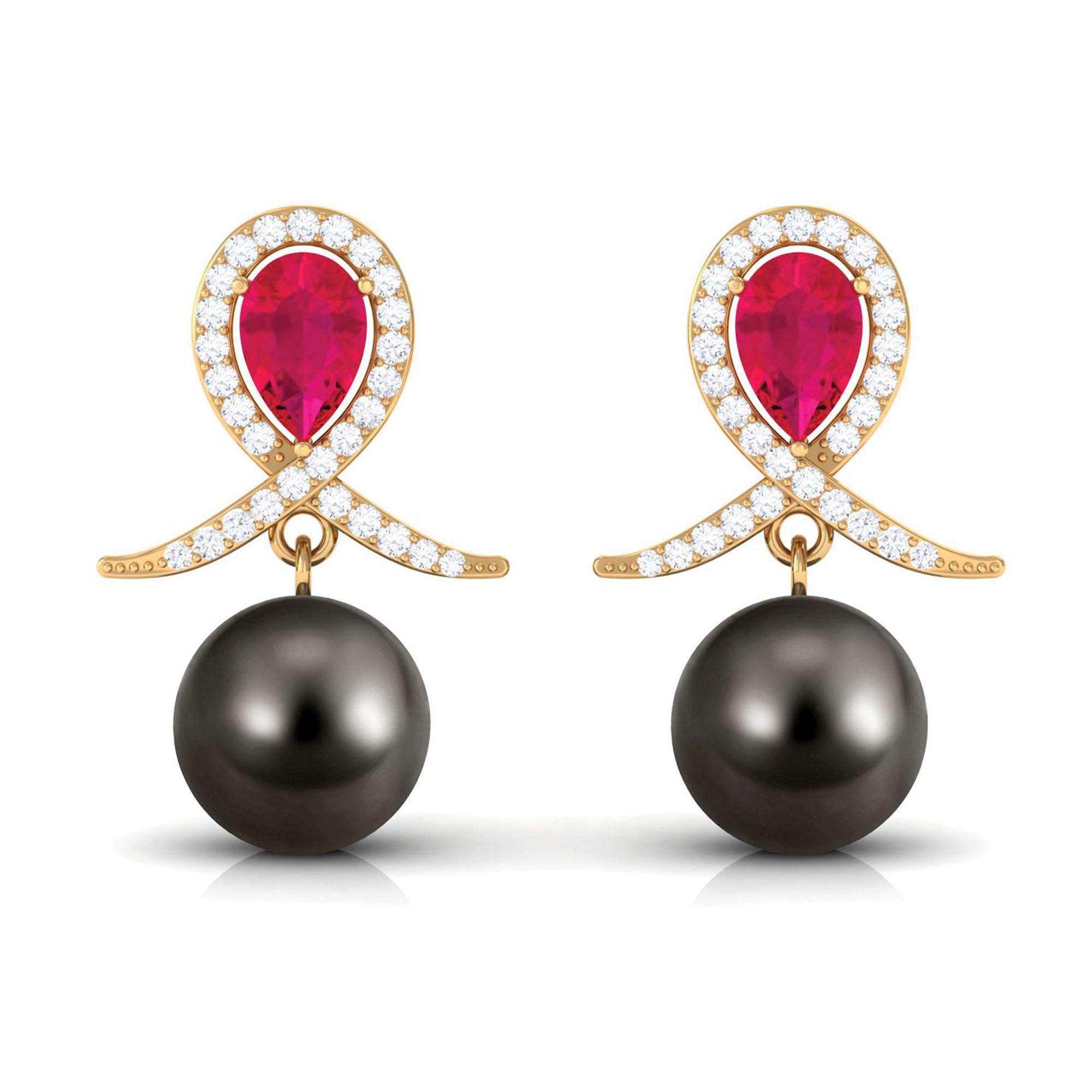 Ruby and Moissanite Teardrop Earrings with Tahitian Pearl Drop Ruby - ( AAA ) - Quality - Rosec Jewels