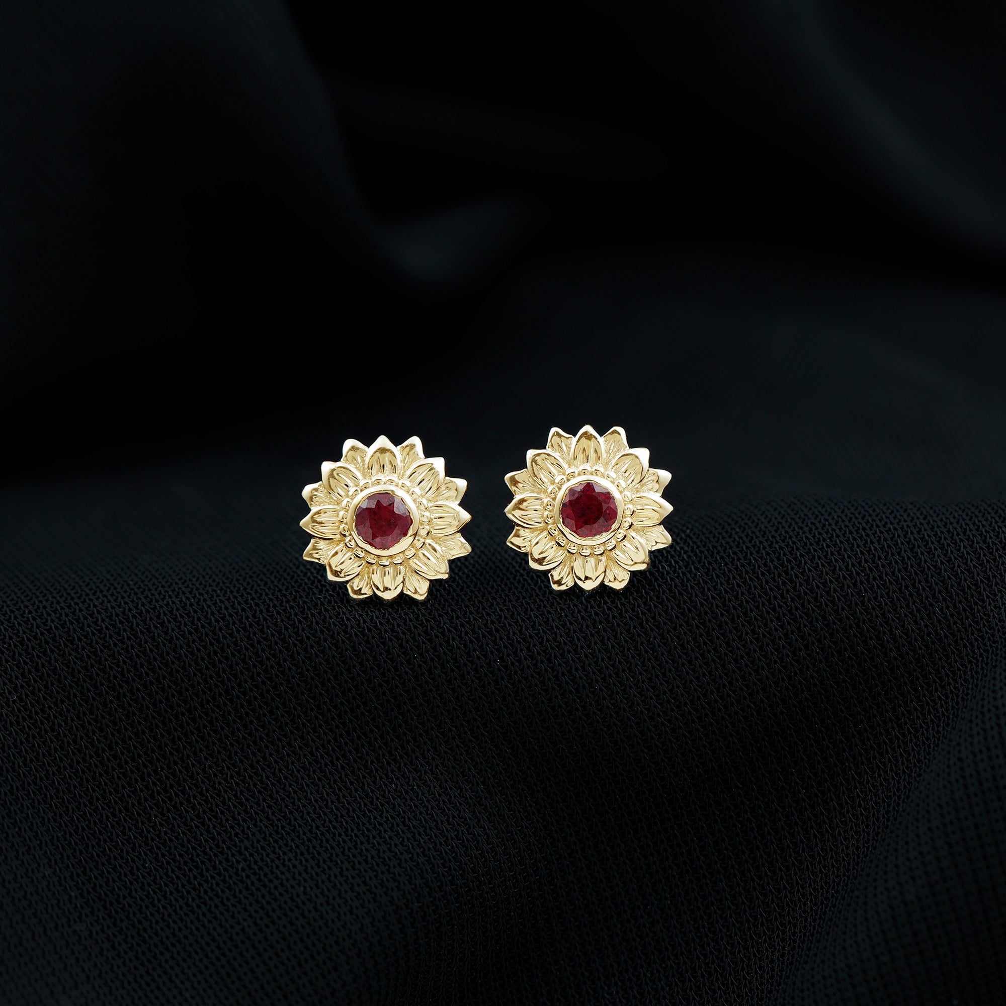 Bezel Set Real Ruby Flower Stud Earrings Ruby - ( AAA ) - Quality - Rosec Jewels