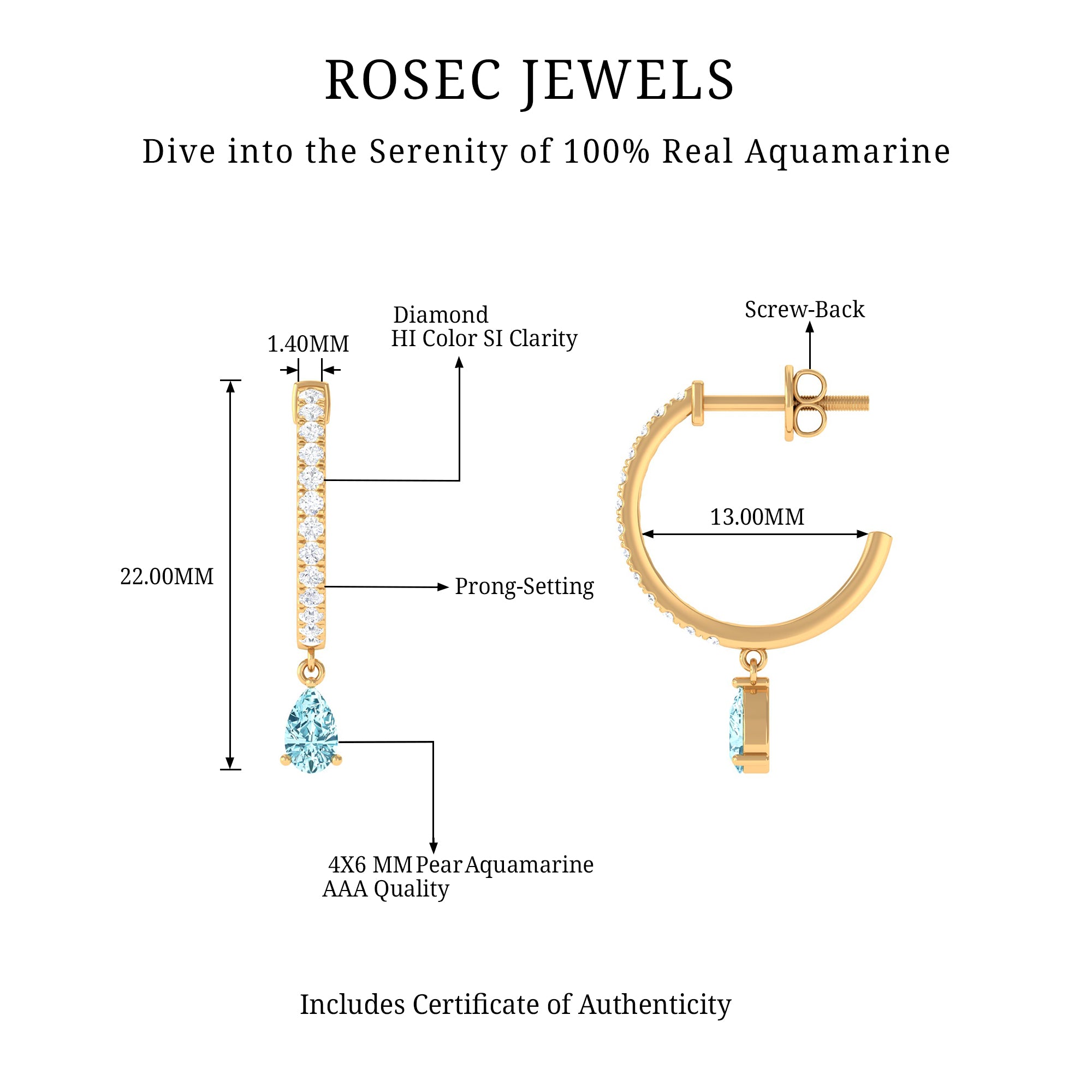 Aquamarine and Diamond Hoop Drop Earrings Aquamarine - ( AAA ) - Quality - Rosec Jewels