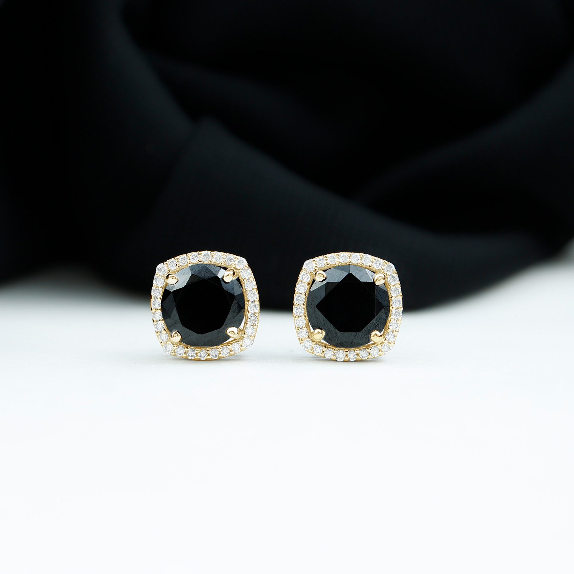 6 MM Black Spinel Stud Earrings with Diamond Halo Black Spinel - ( AAA ) - Quality - Rosec Jewels