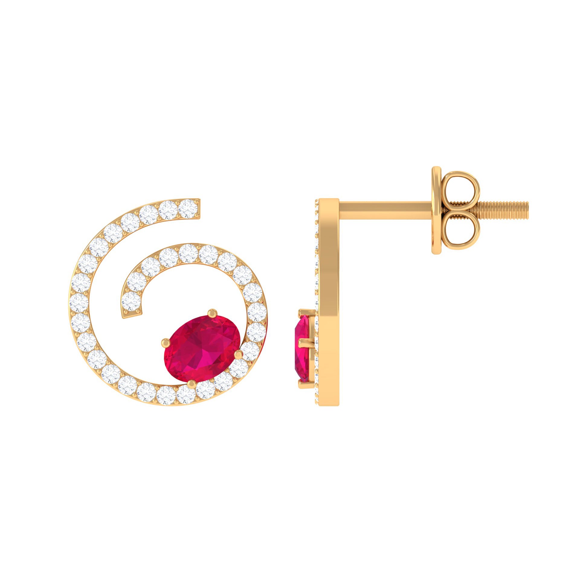 Spiral Stud Earring with Ruby and Diamond Ruby - ( AAA ) - Quality - Rosec Jewels