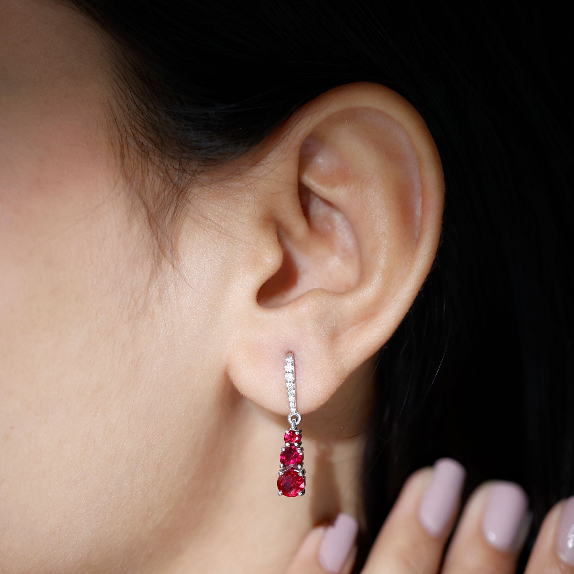 2.50 CT Lab Created Ruby Three Stone Silver Dangle Earrings with Moissanite Lab Created Ruby - ( AAAA ) - Quality 92.5 Sterling Silver - Rosec Jewels