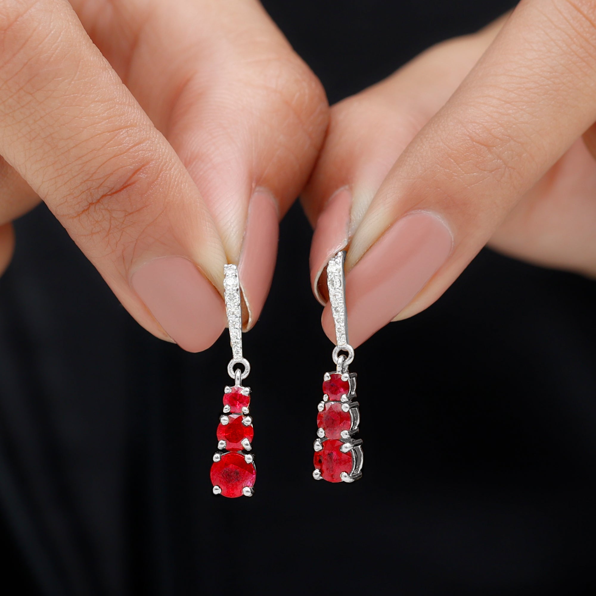 2.50 CT Lab Created Ruby Three Stone Silver Dangle Earrings with Moissanite Lab Created Ruby - ( AAAA ) - Quality 92.5 Sterling Silver - Rosec Jewels