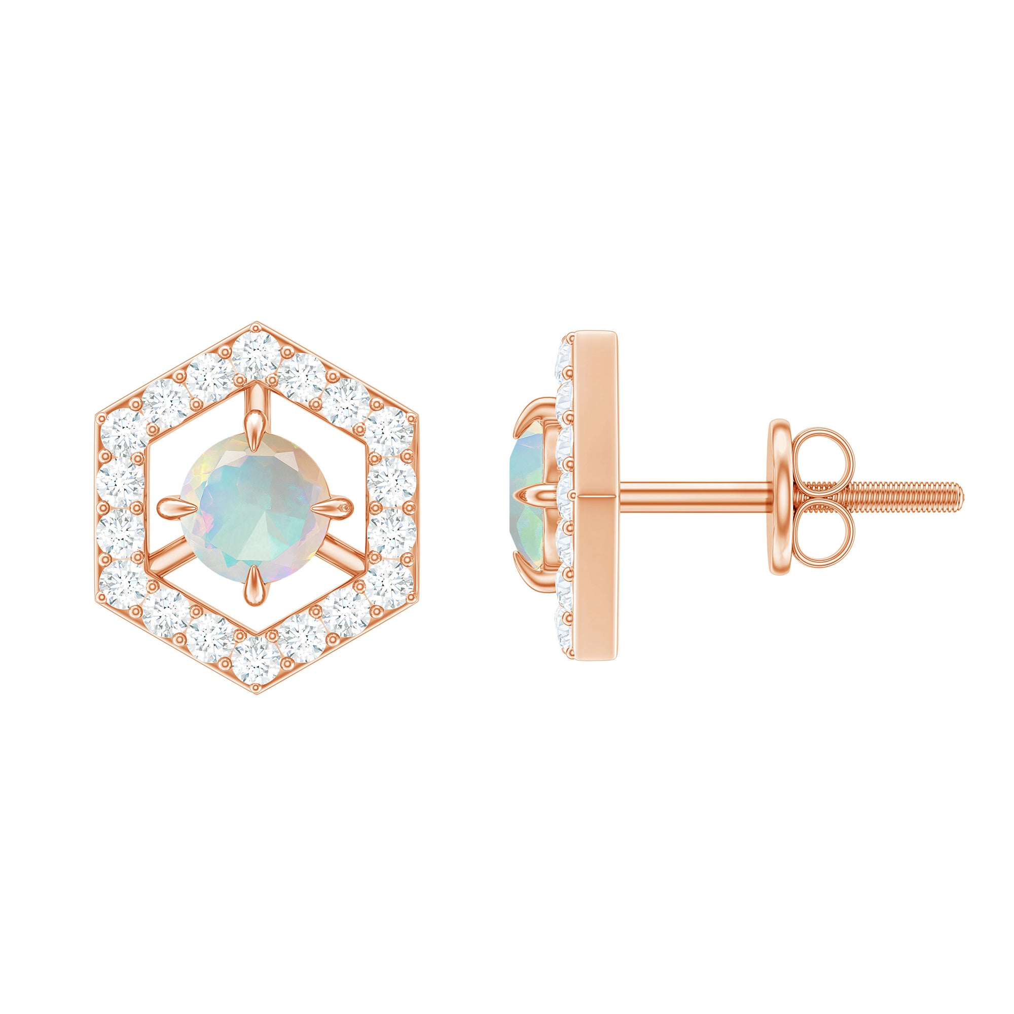 1 CT Minimal Ethiopian Opal and Diamond Geometric Stud Earrings Ethiopian Opal - ( AAA ) - Quality - Rosec Jewels