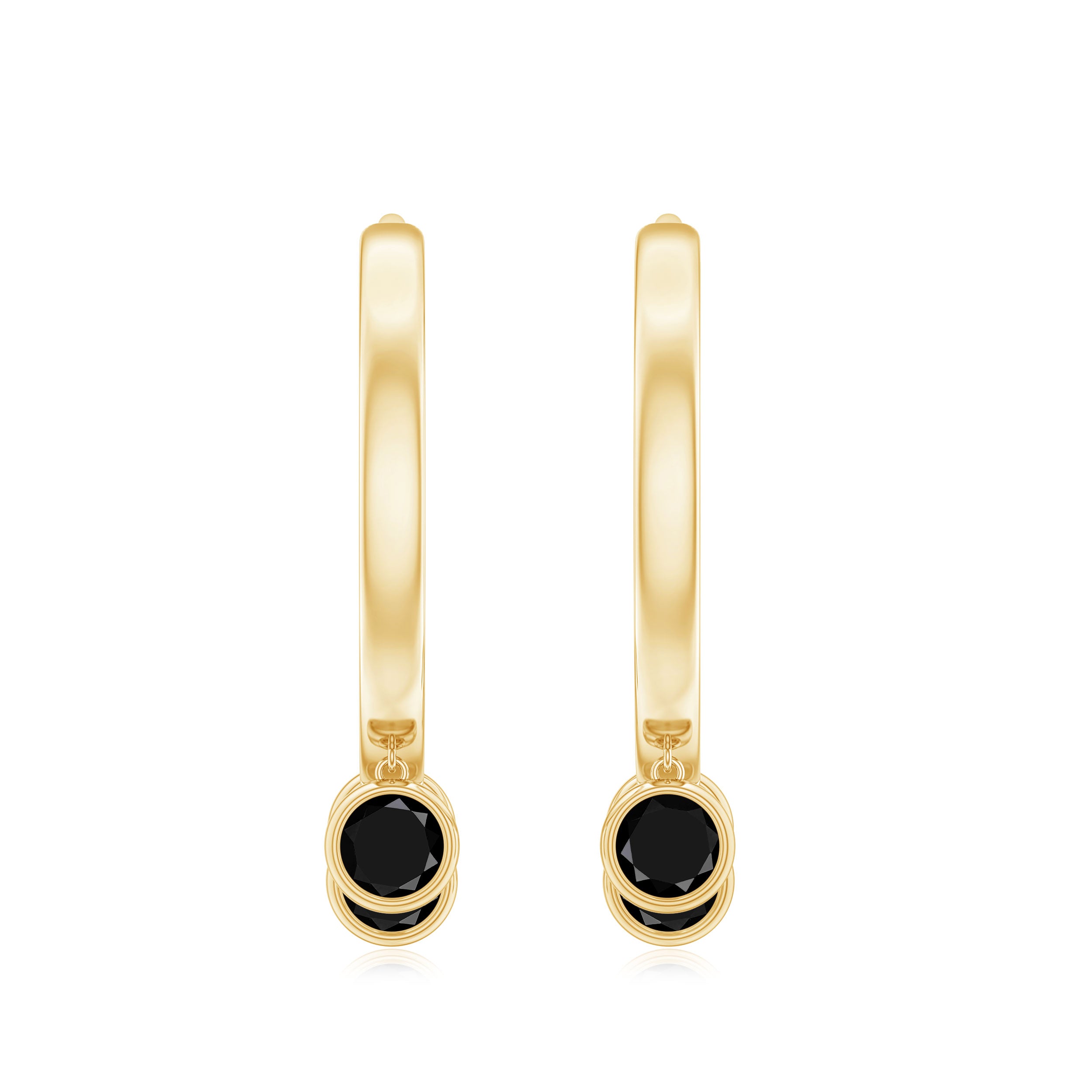 Three Stone Created Black Diamond Hoop Drop Earrings in Bezel Setting Lab Created Black Diamond - ( AAAA ) - Quality - Rosec Jewels