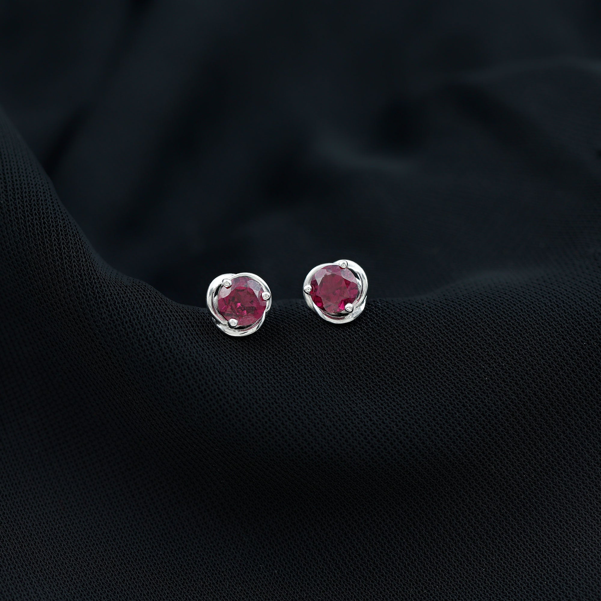 1.25 CT Solitaire Rhodolite and Gold Swirl Stud Earrings Rhodolite - ( AAA ) - Quality - Rosec Jewels