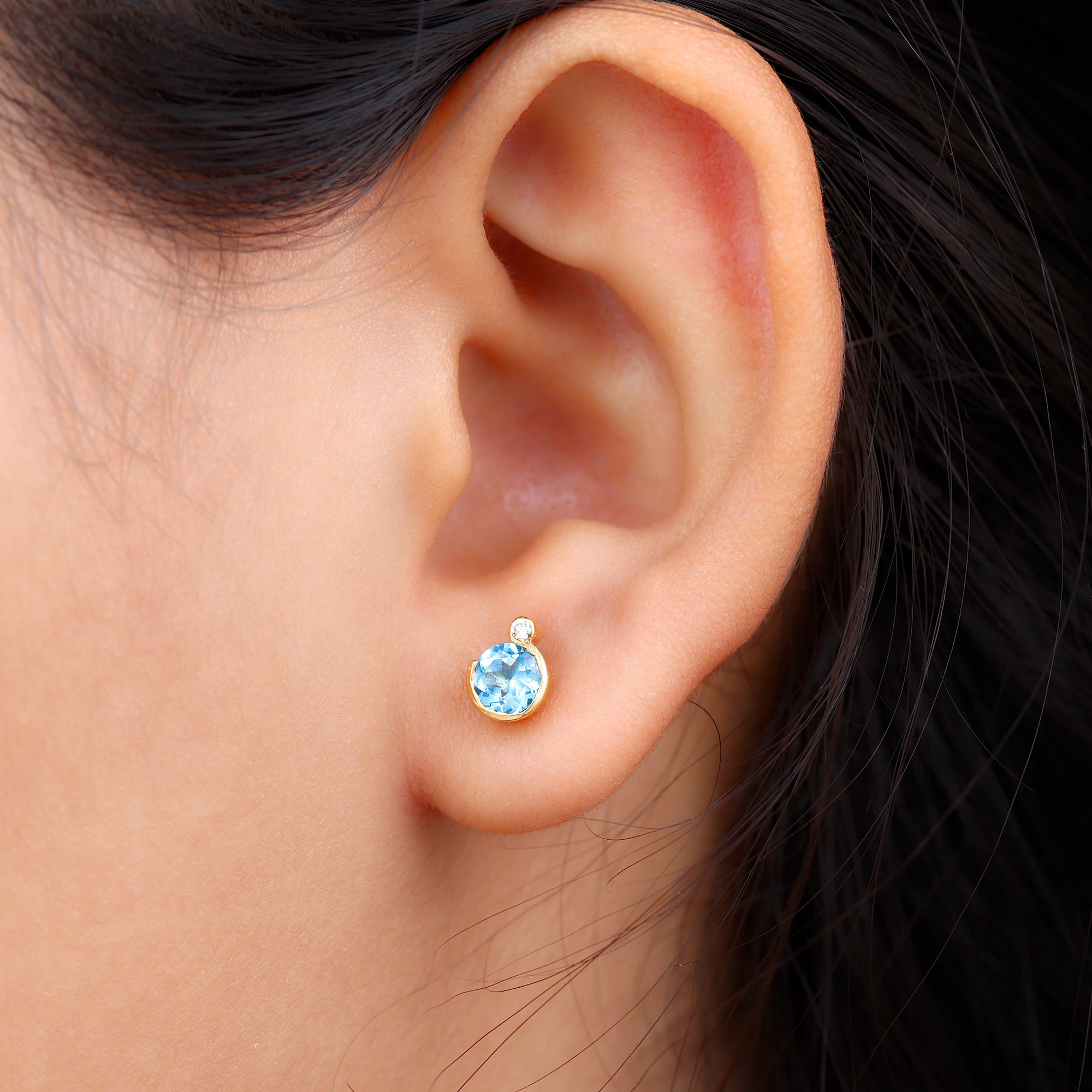 Round Swiss Blue Topaz Stud Earrings with Moissanite Swiss Blue Topaz - ( AAA ) - Quality - Rosec Jewels