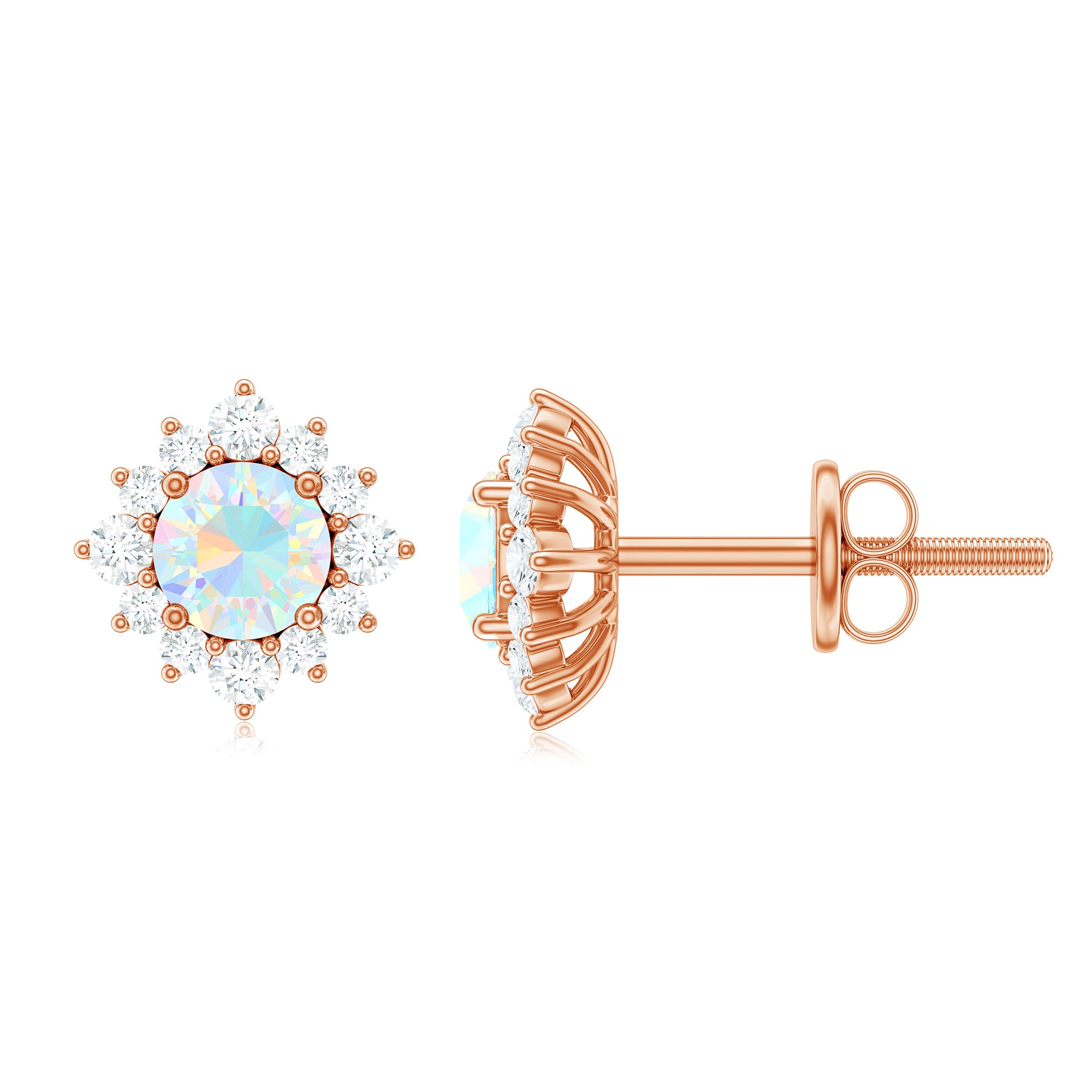 1 CT Classic Ethiopian Opal Stud Earrings with Diamond Halo Ethiopian Opal - ( AAA ) - Quality - Rosec Jewels