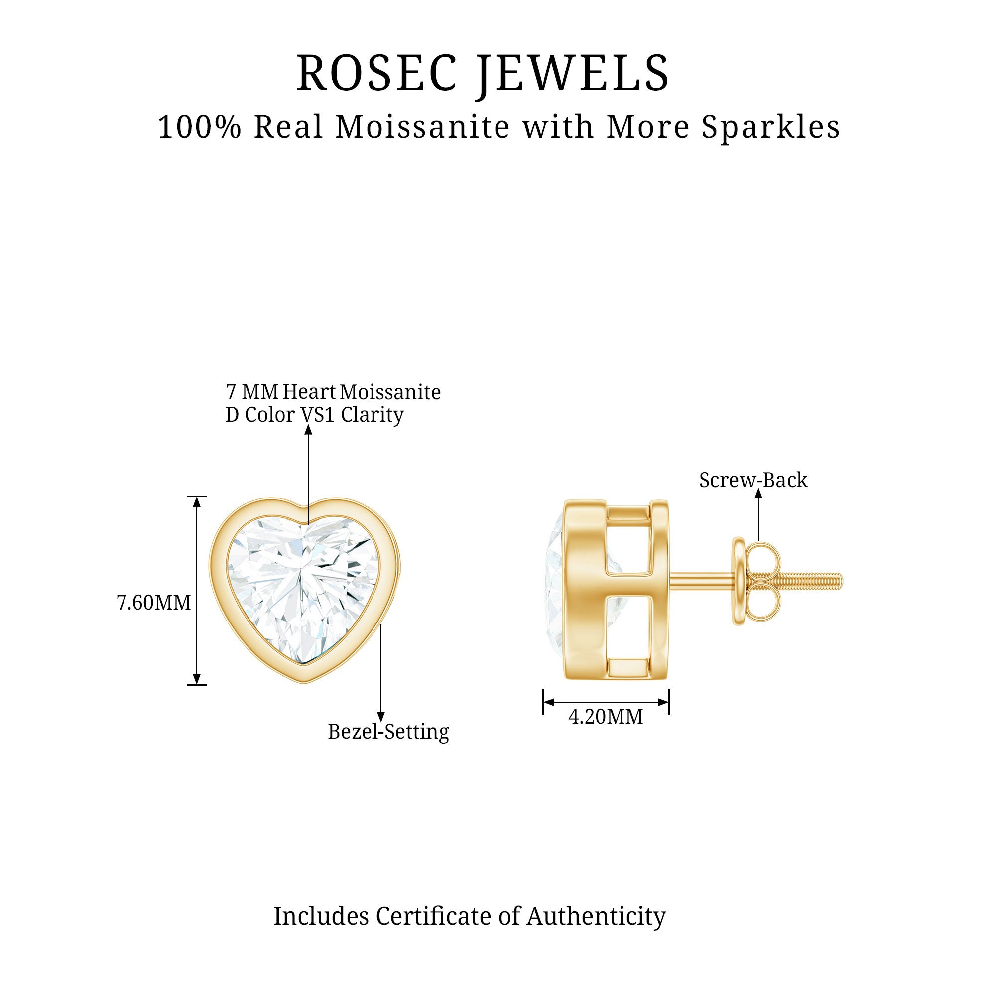 3 CT Heart Shape Moissanite Solitaire Stud Earrings in Bezel Setting Moissanite - ( D-VS1 ) - Color and Clarity - Rosec Jewels