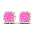 Round Pink Sapphire and Diamond Classic Halo Stud Earrings Pink Sapphire - ( AAA ) - Quality - Rosec Jewels