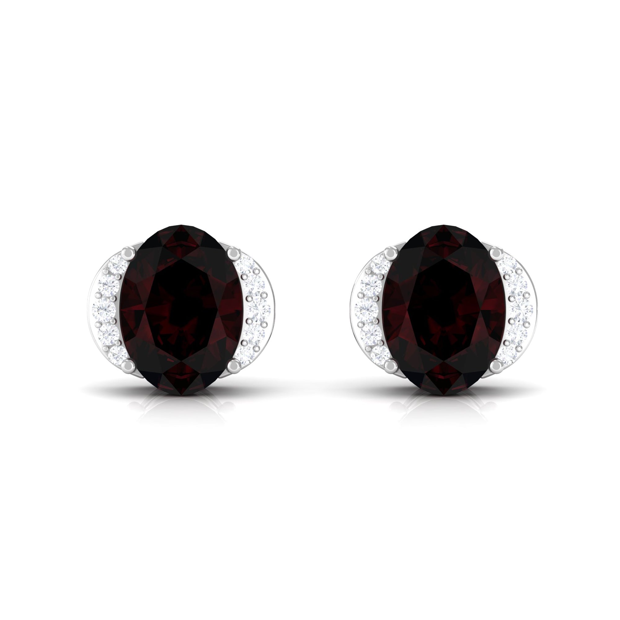 Oval Garnet Solitaire Stud Earrings with Diamond Garnet - ( AAA ) - Quality - Rosec Jewels