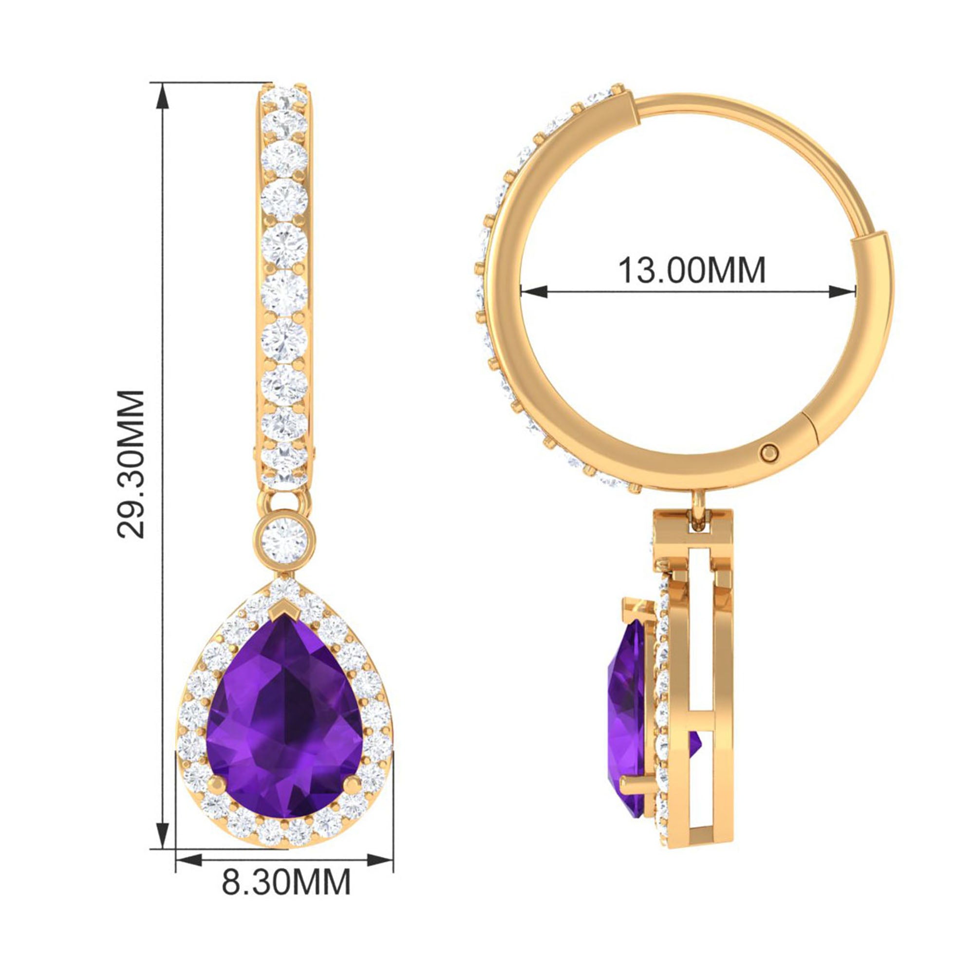 Pear Cut Amethyst Hoop Drop Earrings with Diamond Halo Amethyst - ( AAA ) - Quality - Rosec Jewels