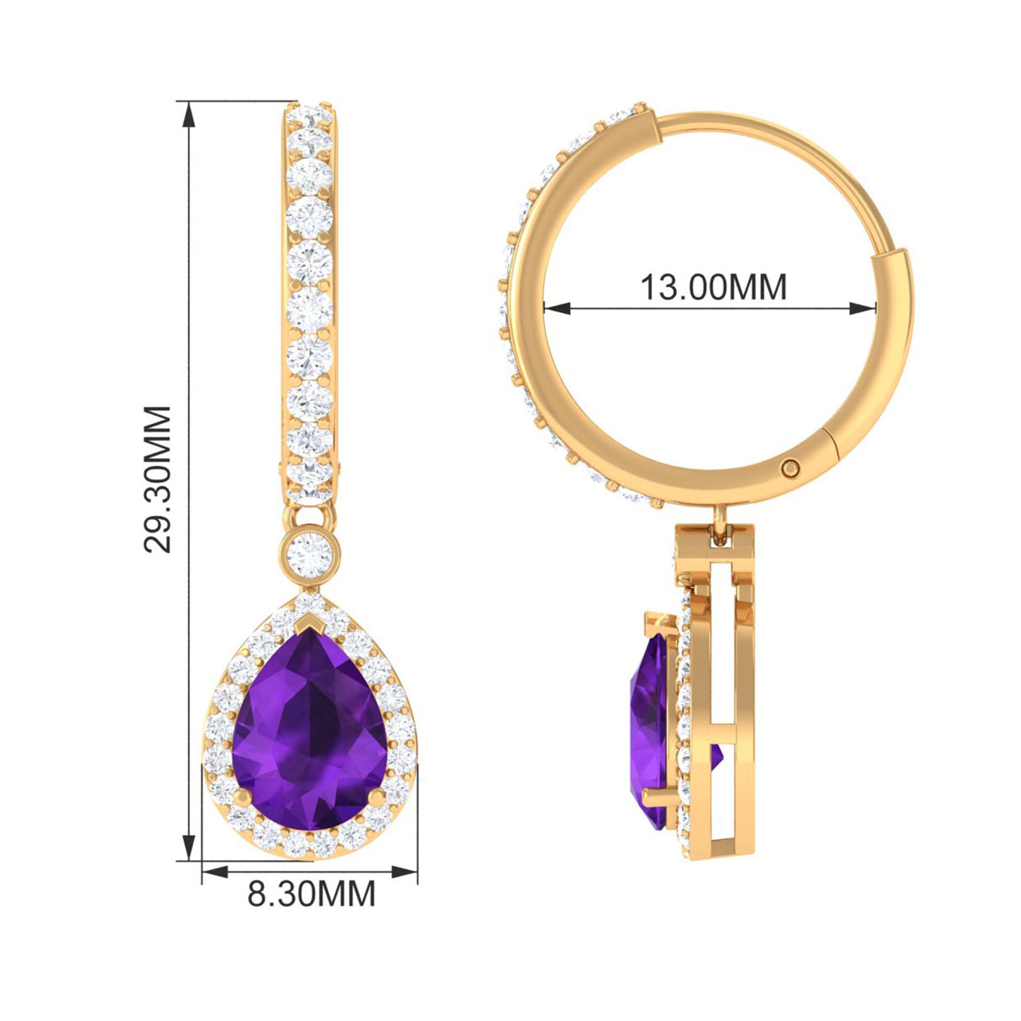 Pear Cut Amethyst Hoop Drop Earrings with Diamond Halo Amethyst - ( AAA ) - Quality - Rosec Jewels