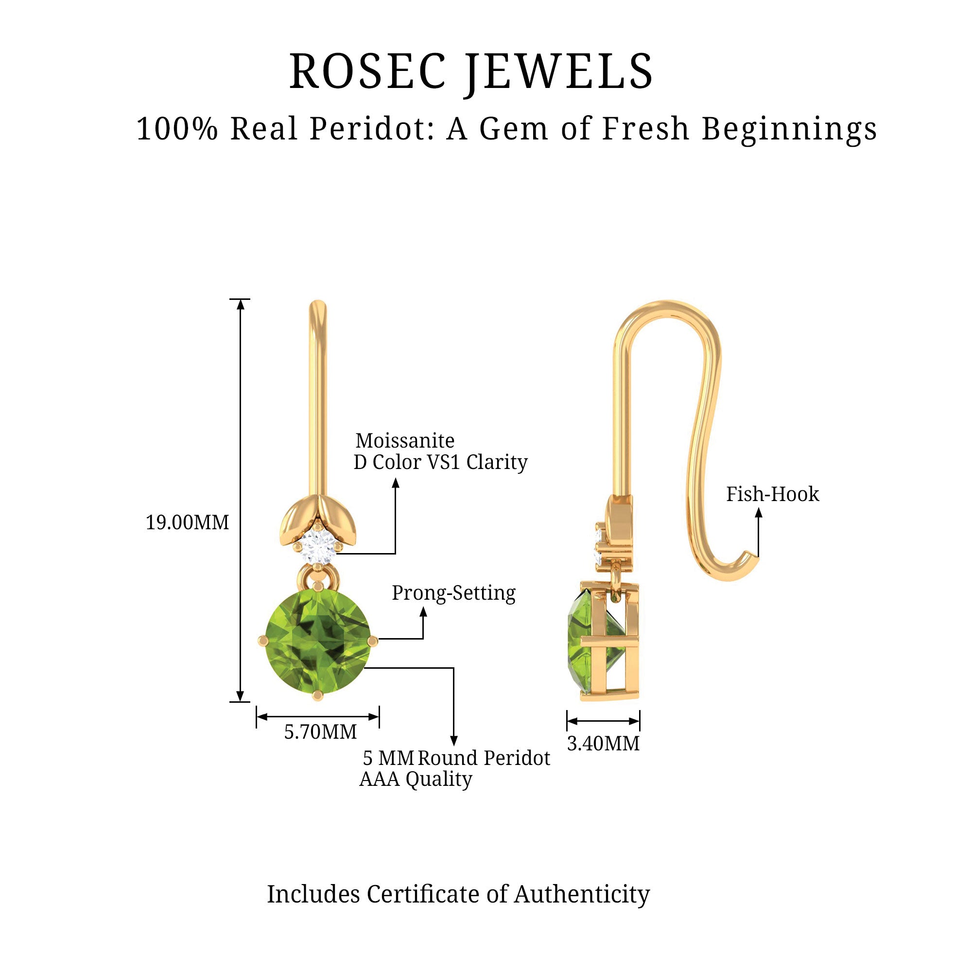 Round Peridot and Moissanite Drop Earrings with Fish Hook Peridot - ( AAA ) - Quality - Rosec Jewels