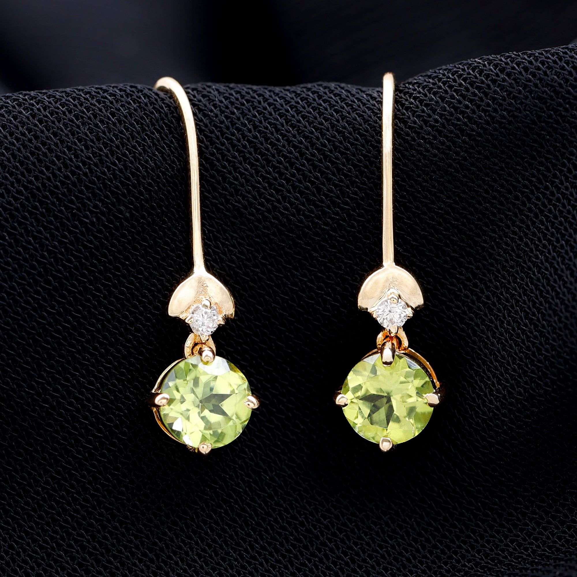 Round Peridot and Moissanite Drop Earrings with Fish Hook Peridot - ( AAA ) - Quality - Rosec Jewels