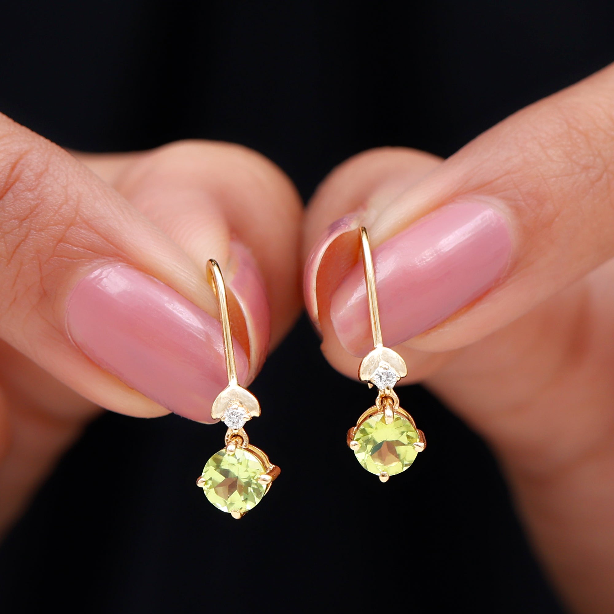 Round Peridot and Moissanite Drop Earrings with Fish Hook Peridot - ( AAA ) - Quality - Rosec Jewels