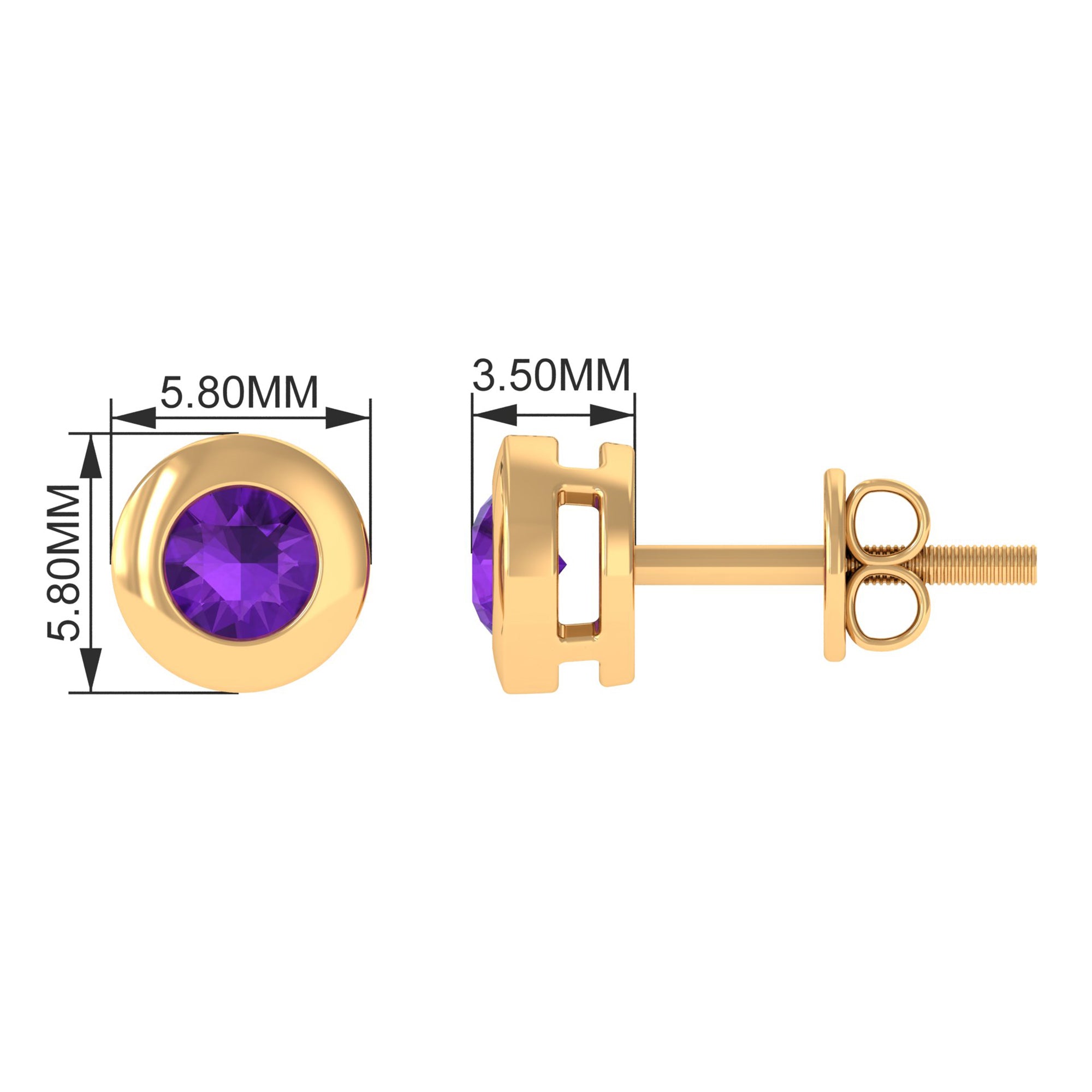 Genuine Violet Amethyst Solitaire Stud Earrings in Bezel Setting Amethyst - ( AAA ) - Quality - Rosec Jewels